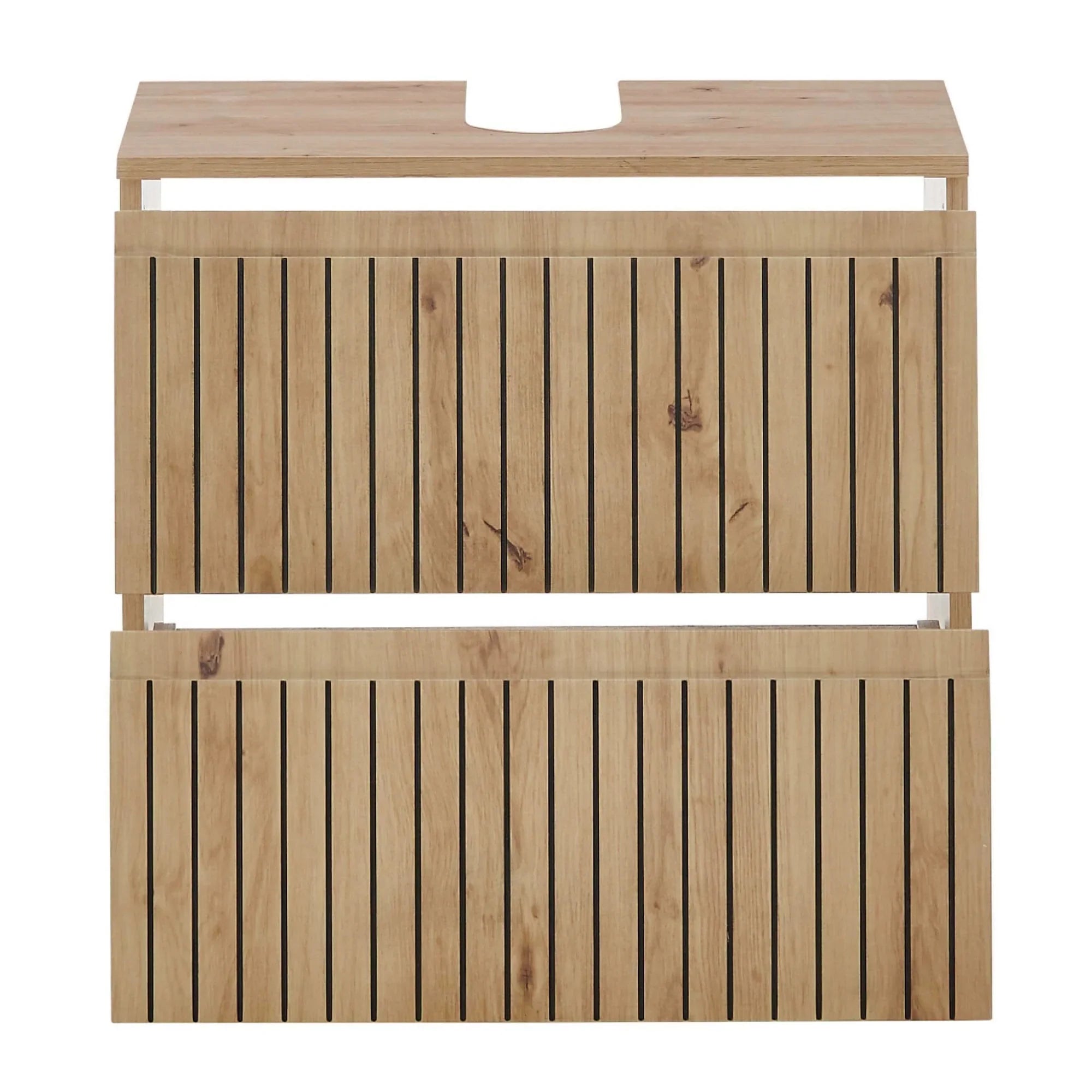Oak bathroom vanity unit with two slatted drawers and cutout for basin, front view