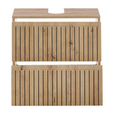 Oak bathroom vanity unit with two slatted drawers and cutout for basin, front view