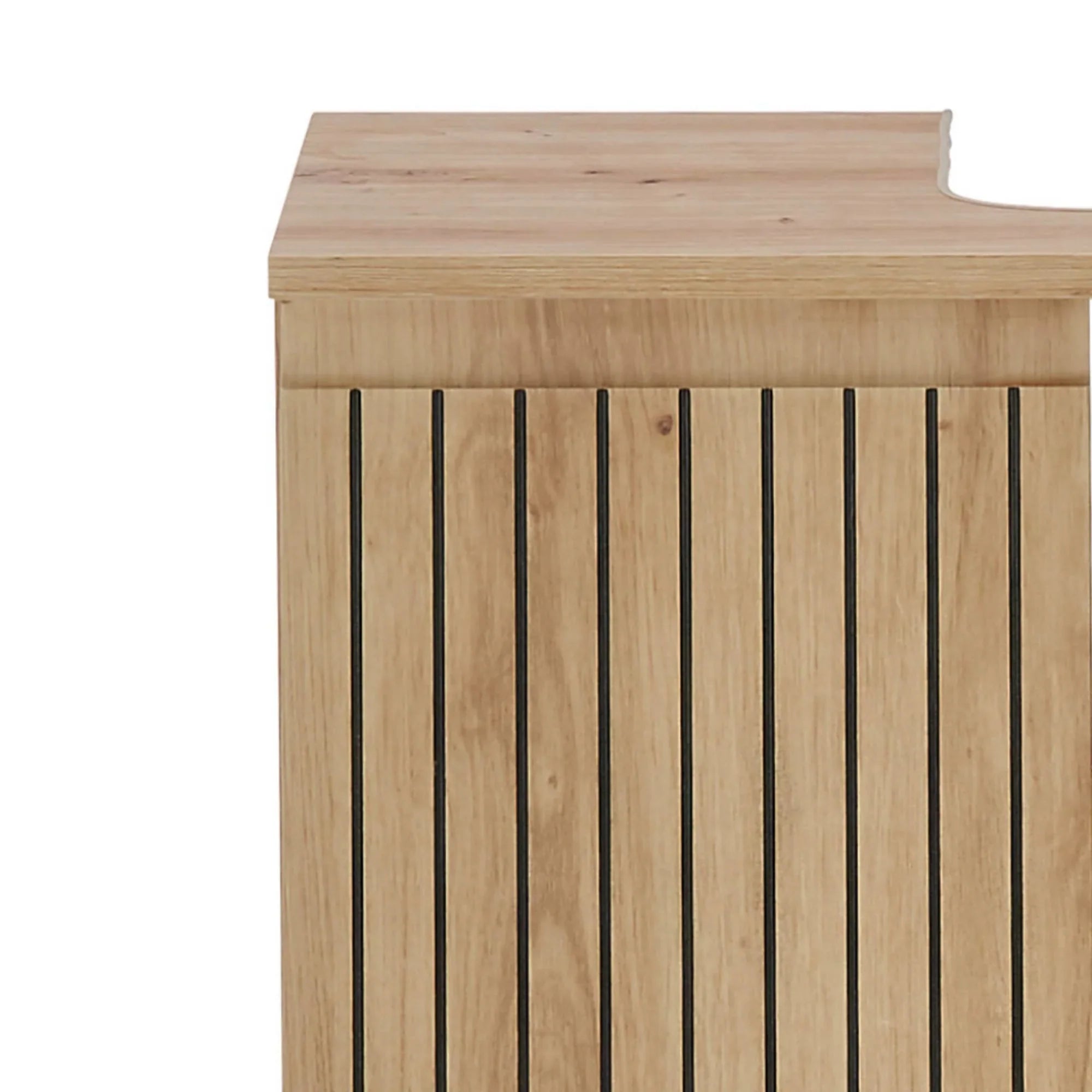 Oak bedside cabinet with vertical slatted wood front and natural finish, side view