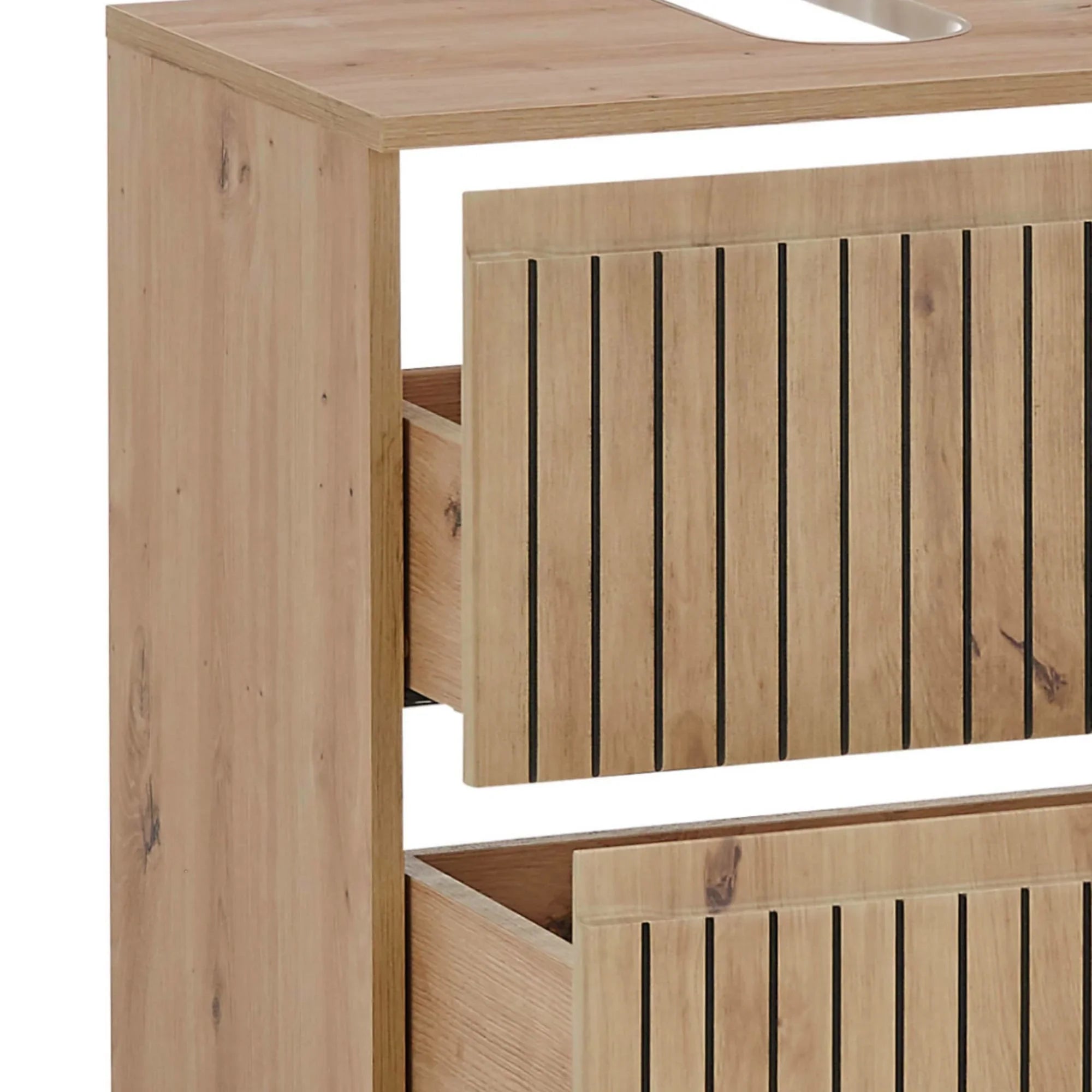 Oak bathroom vanity unit with two slatted drawers, close view of wood grain and finish