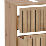 Oak bathroom vanity unit with two slatted drawers, close view of wood grain and finish