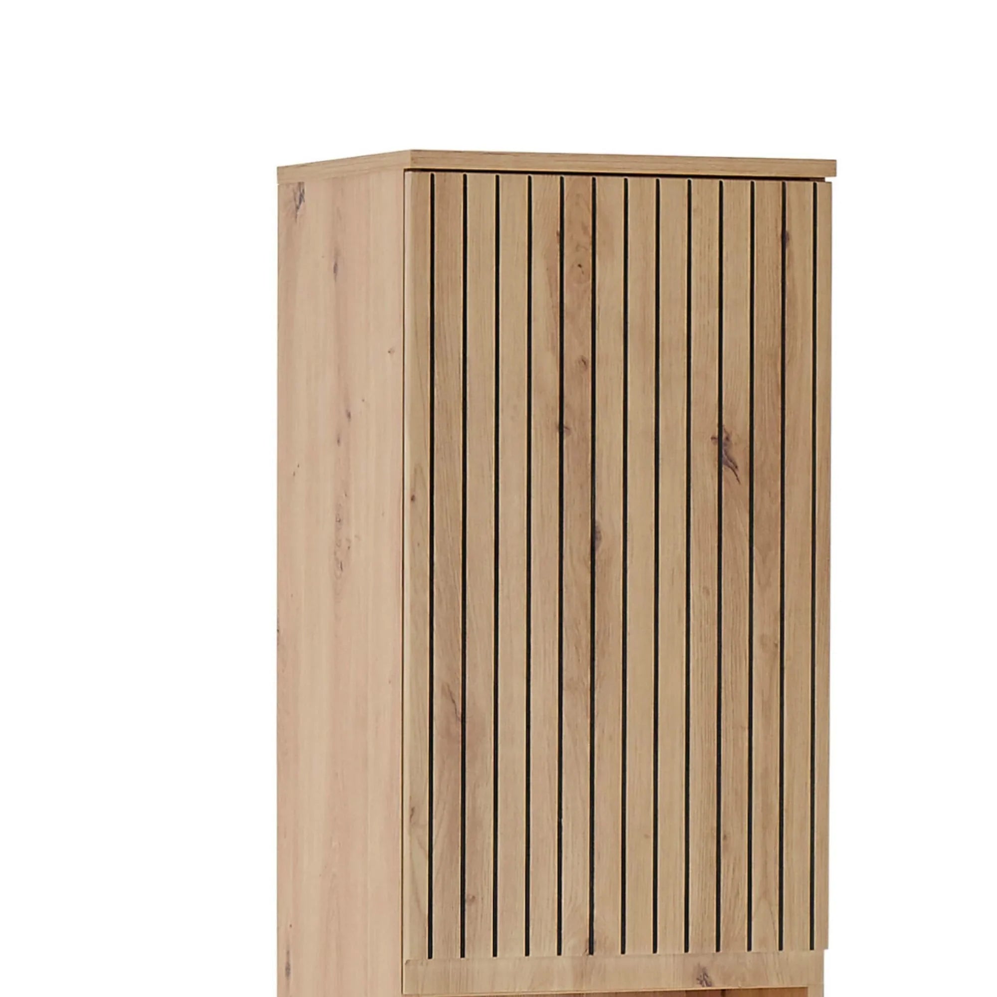 Tall wooden cabinet with vertical slatted door in light oak finish, front side view