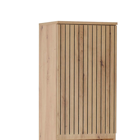 Tall wooden cabinet with vertical slatted door in light oak finish, front side view