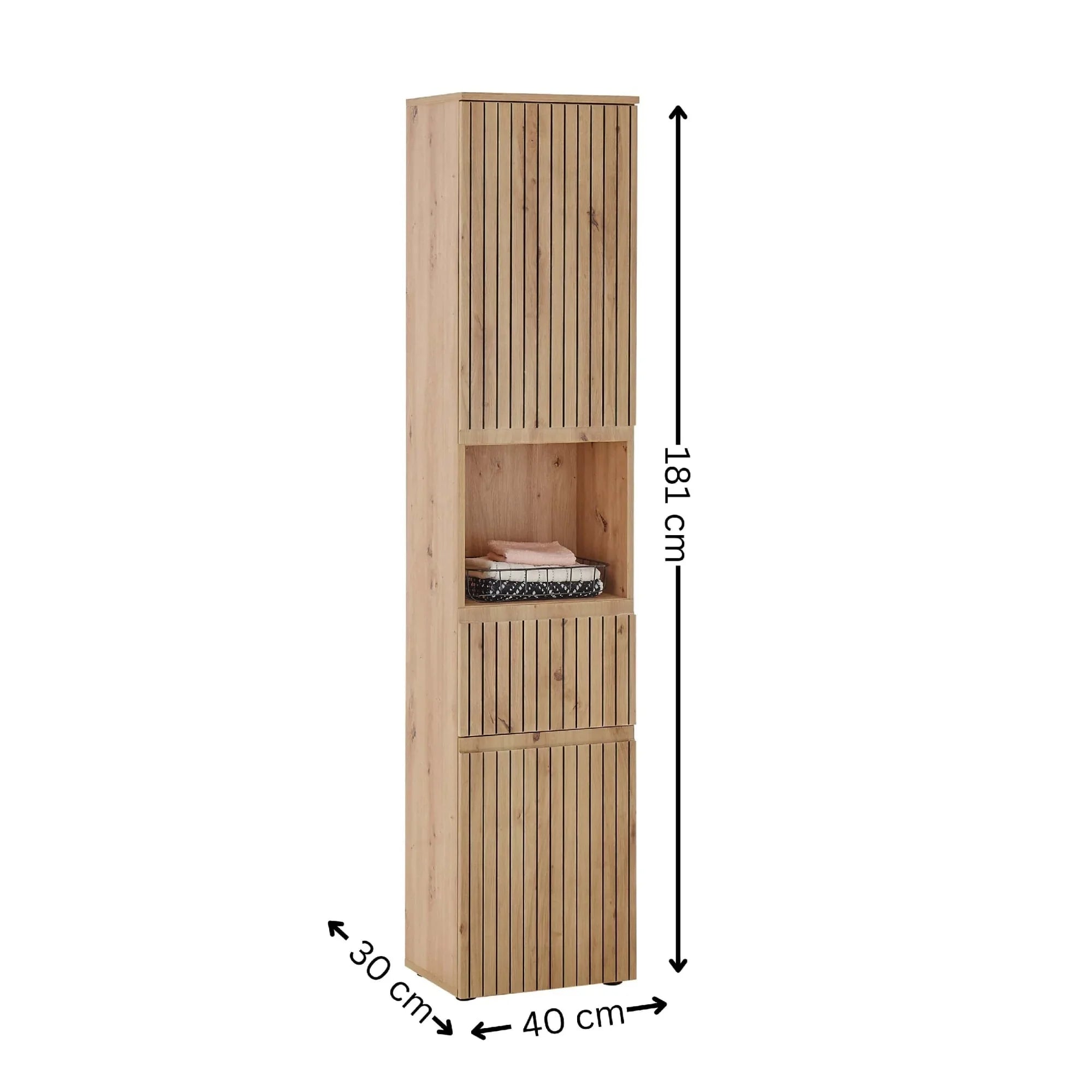 Tall wooden storage cabinet with slatted doors, open shelf and size dimensions visible