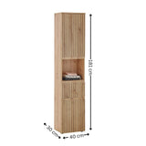 Tall wooden storage cabinet with slatted doors, open shelf and size dimensions visible