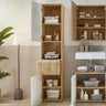Tall wood bathroom storage unit with open shelves and cabinets, organized with towels and baskets