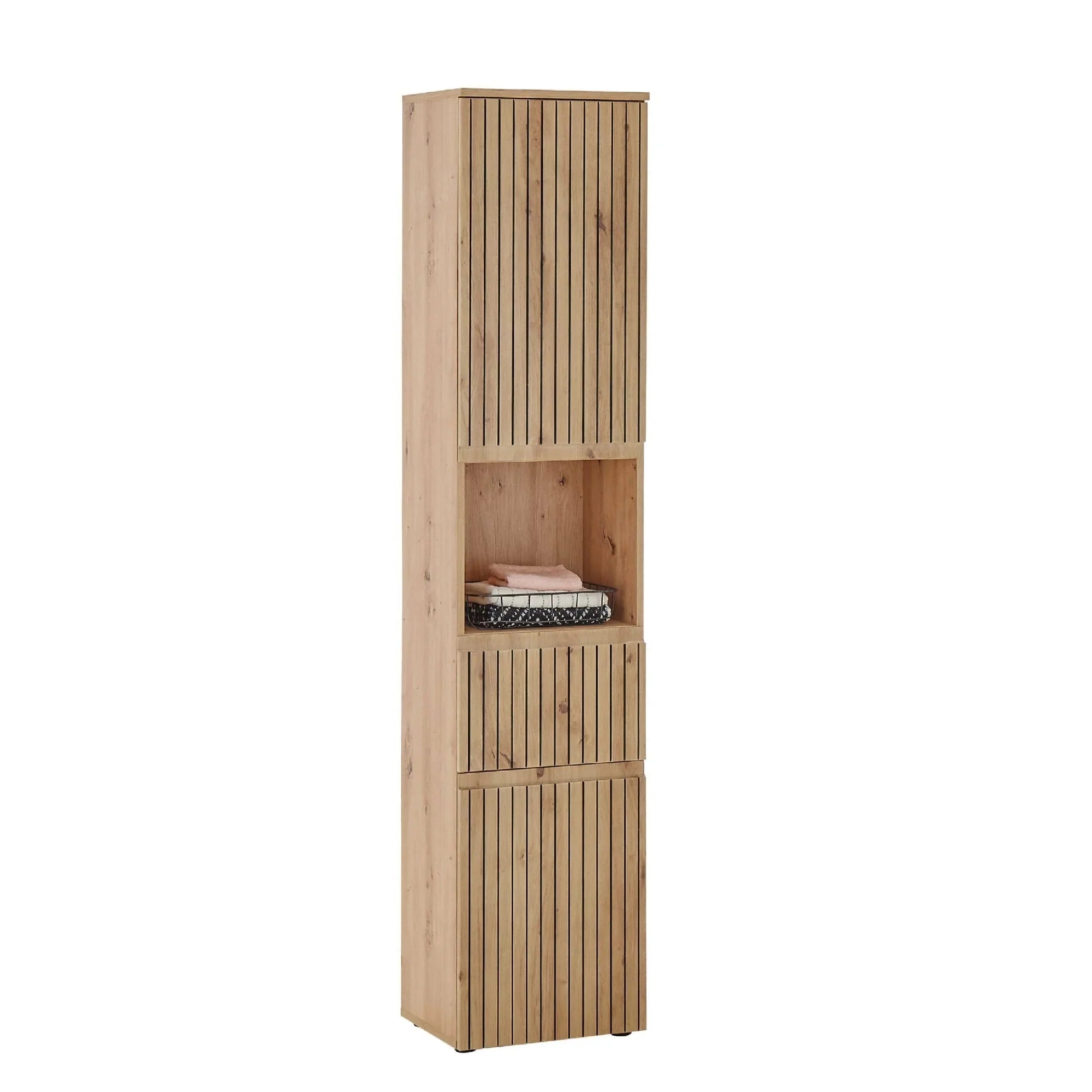 Tall wooden storage cabinet with vertical slats and open middle shelf with folded towels