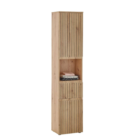 Tall wooden storage cabinet with vertical slats and open middle shelf with folded towels