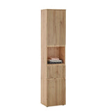 Tall wooden storage cabinet with vertical slats and open middle shelf with folded towels