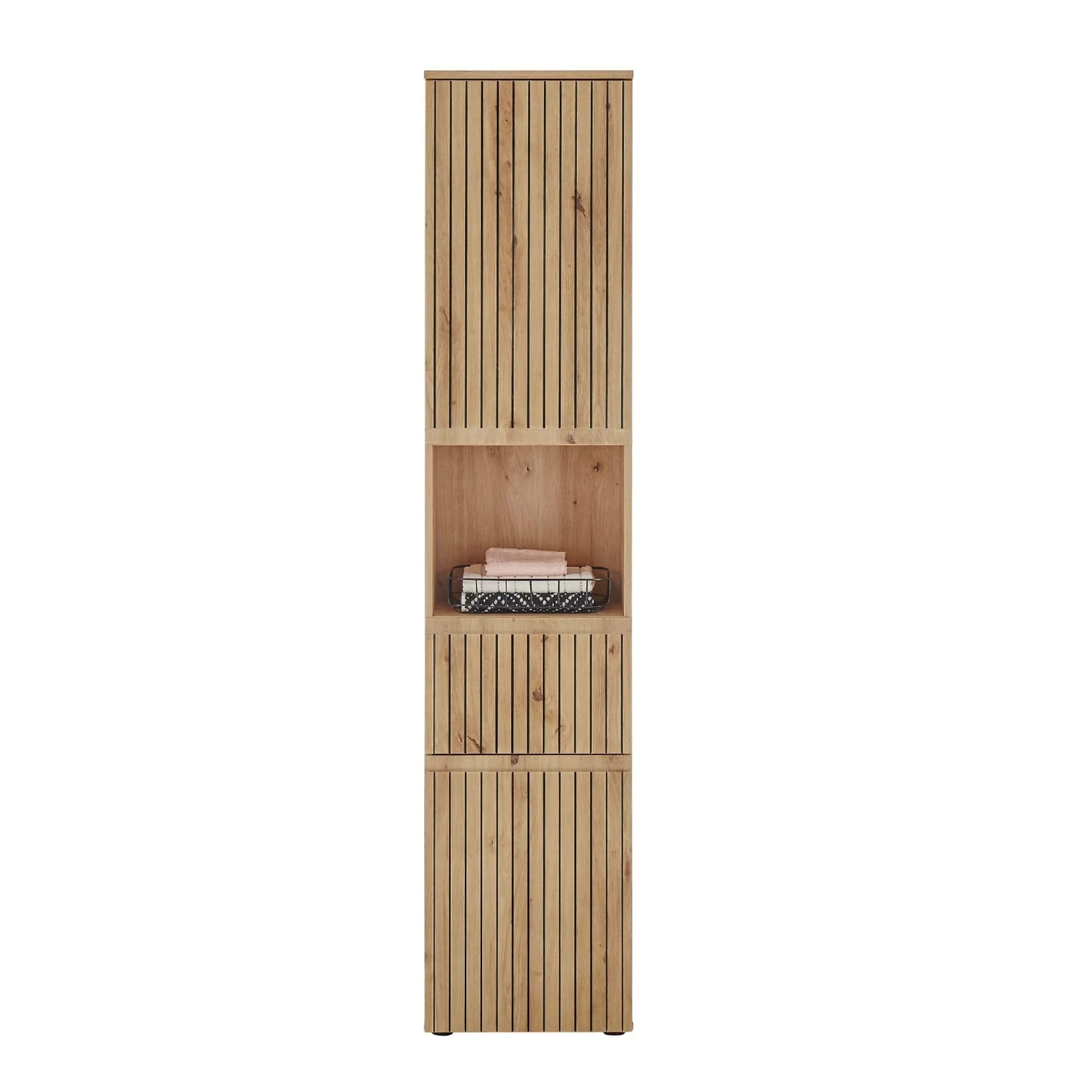 Tall wooden storage cabinet with slatted doors, open shelf and neatly folded towels