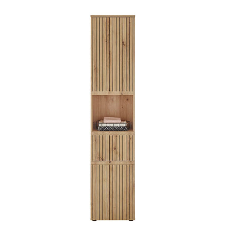 Tall wooden storage cabinet with slatted doors, open shelf and neatly folded towels