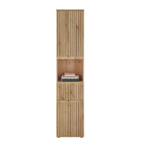 Tall wooden storage cabinet with slatted doors, open shelf and neatly folded towels