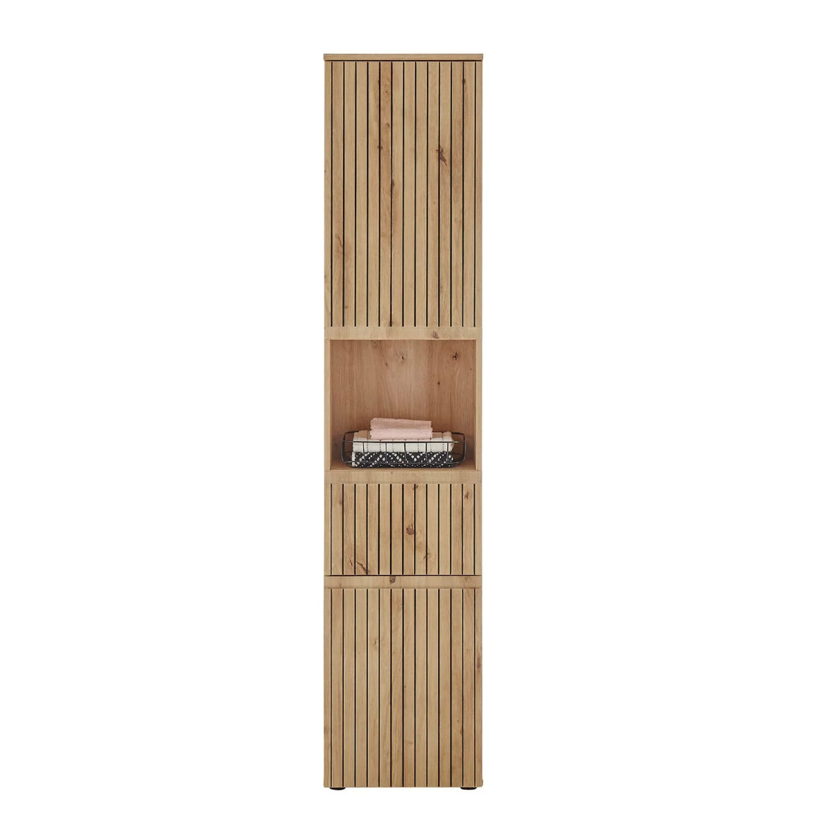 Tall wooden storage cabinet with slatted doors, open shelf and neatly folded towels
