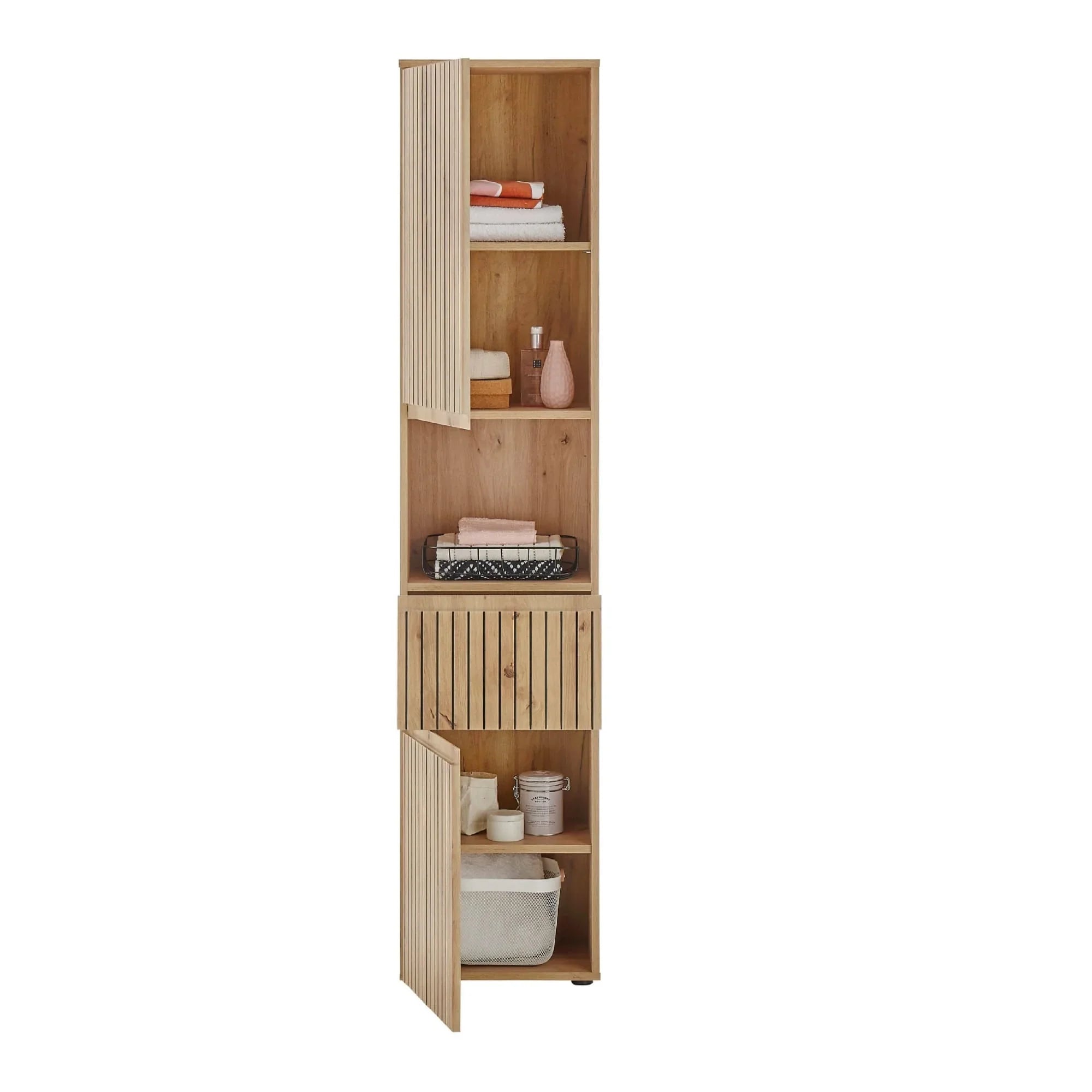 Tall wooden storage cabinet with slatted doors and open shelves, bathroom linen displayed