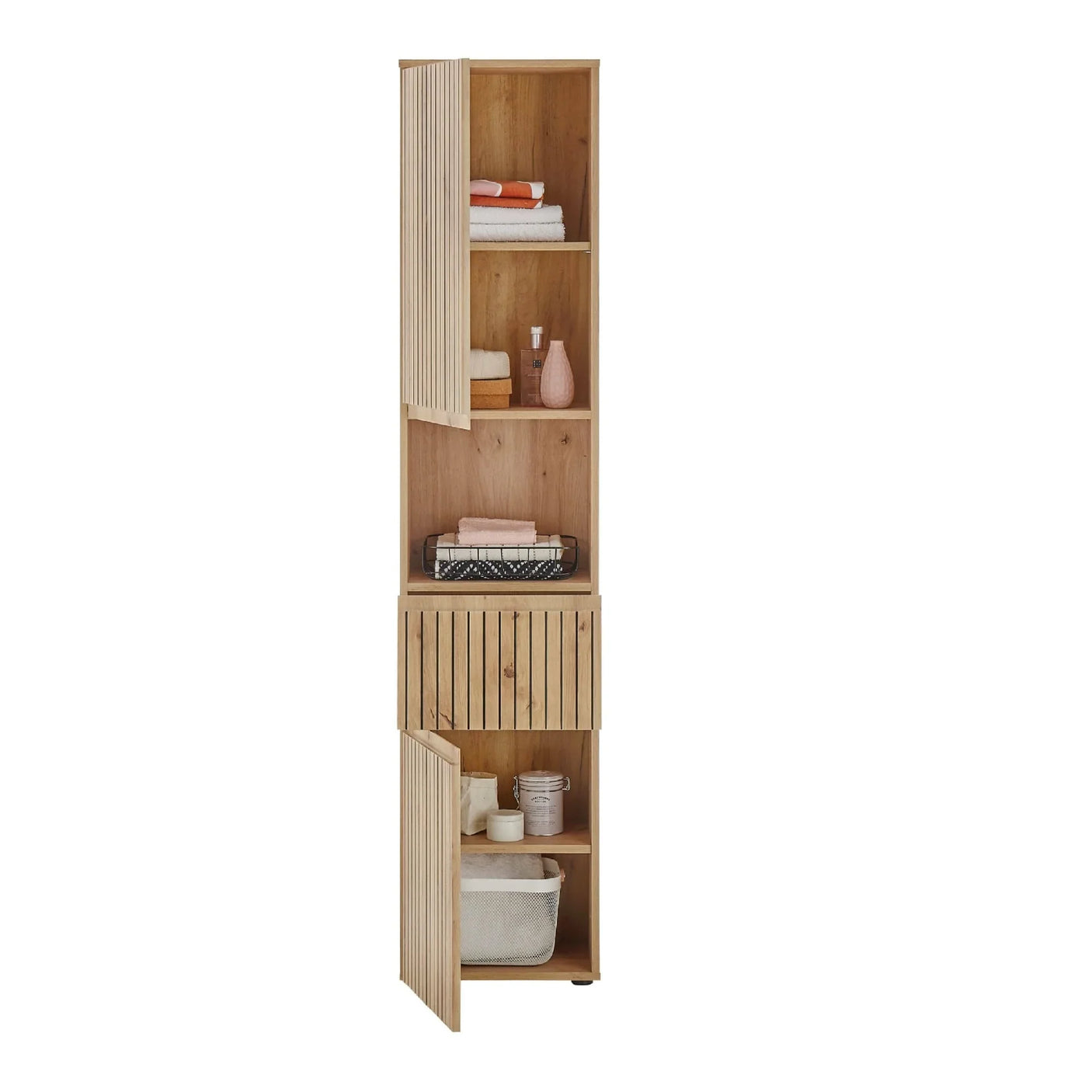 Tall wooden storage cabinet with slatted doors and open shelves, bathroom linen displayed