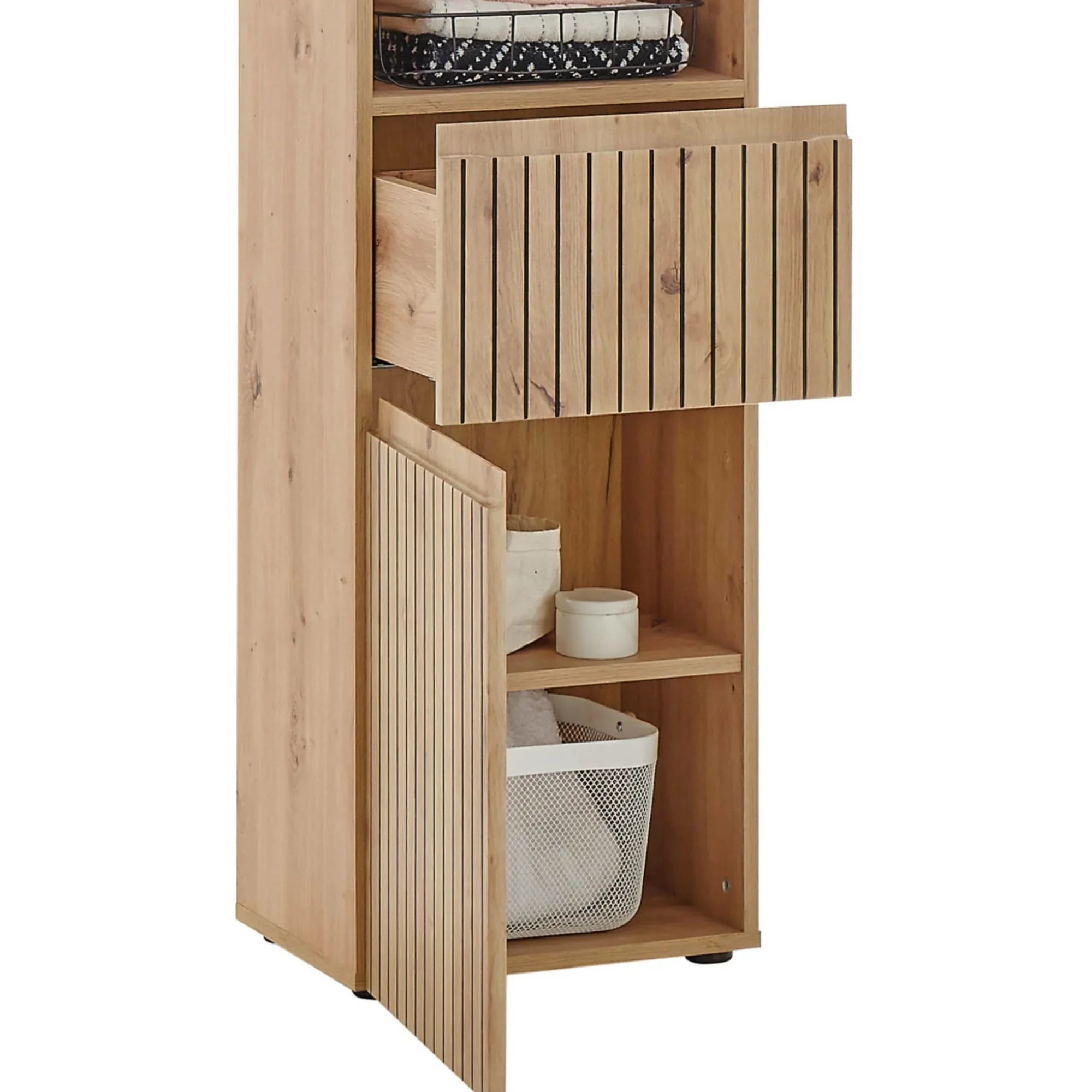 Tall oak storage cabinet with open drawer, lower door, and visible shelving compartments
