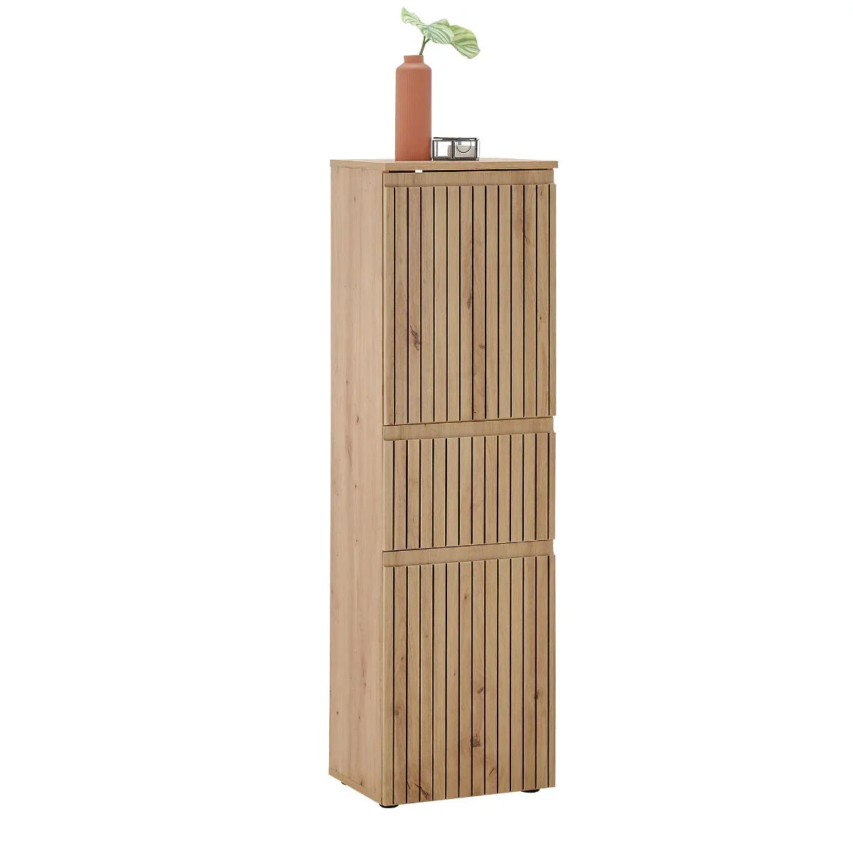 Tall wooden highboard cabinet with slatted doors, decorative vase and plant on top