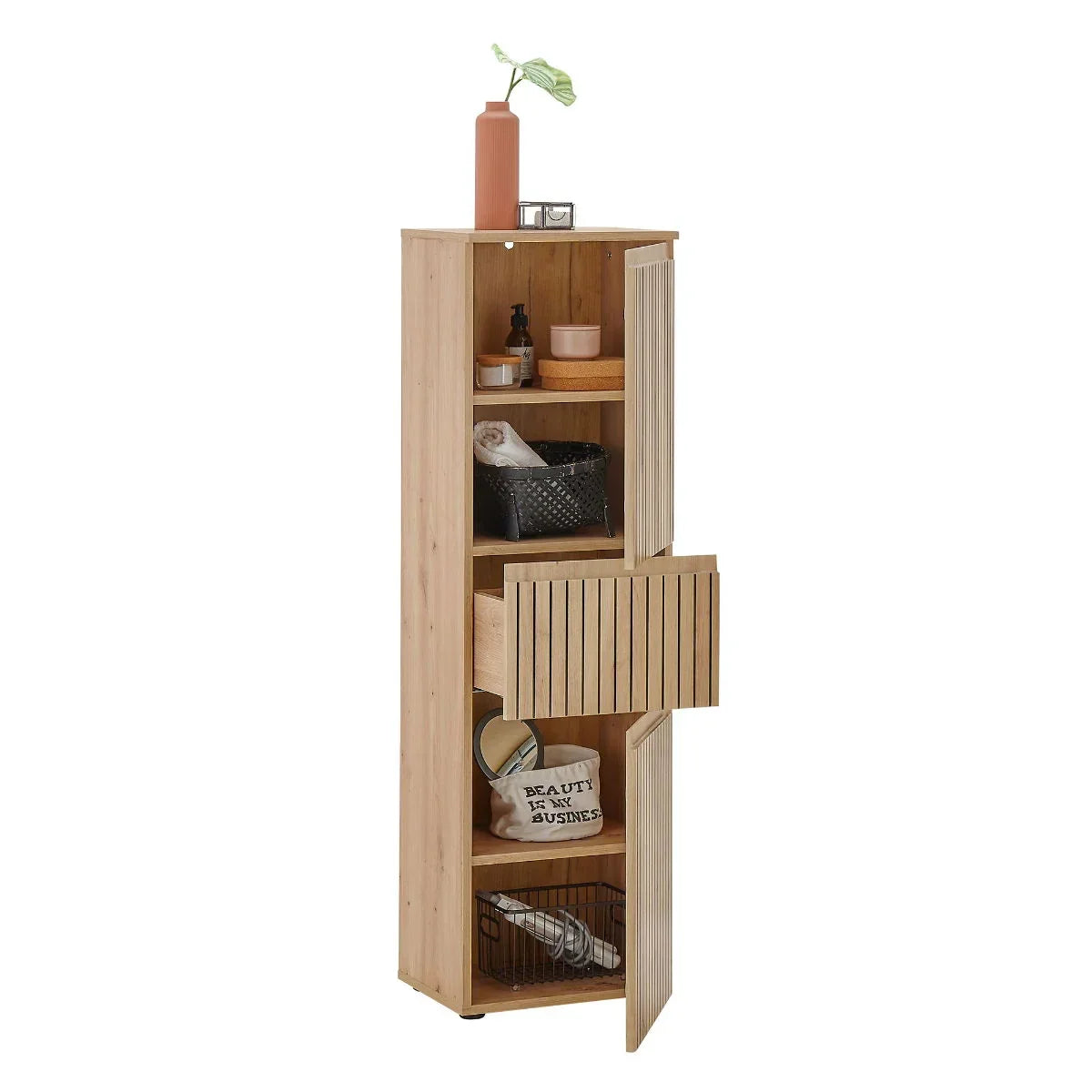 Tall wooden highboard cabinet with slatted doors, open shelves, and decorative vase on top