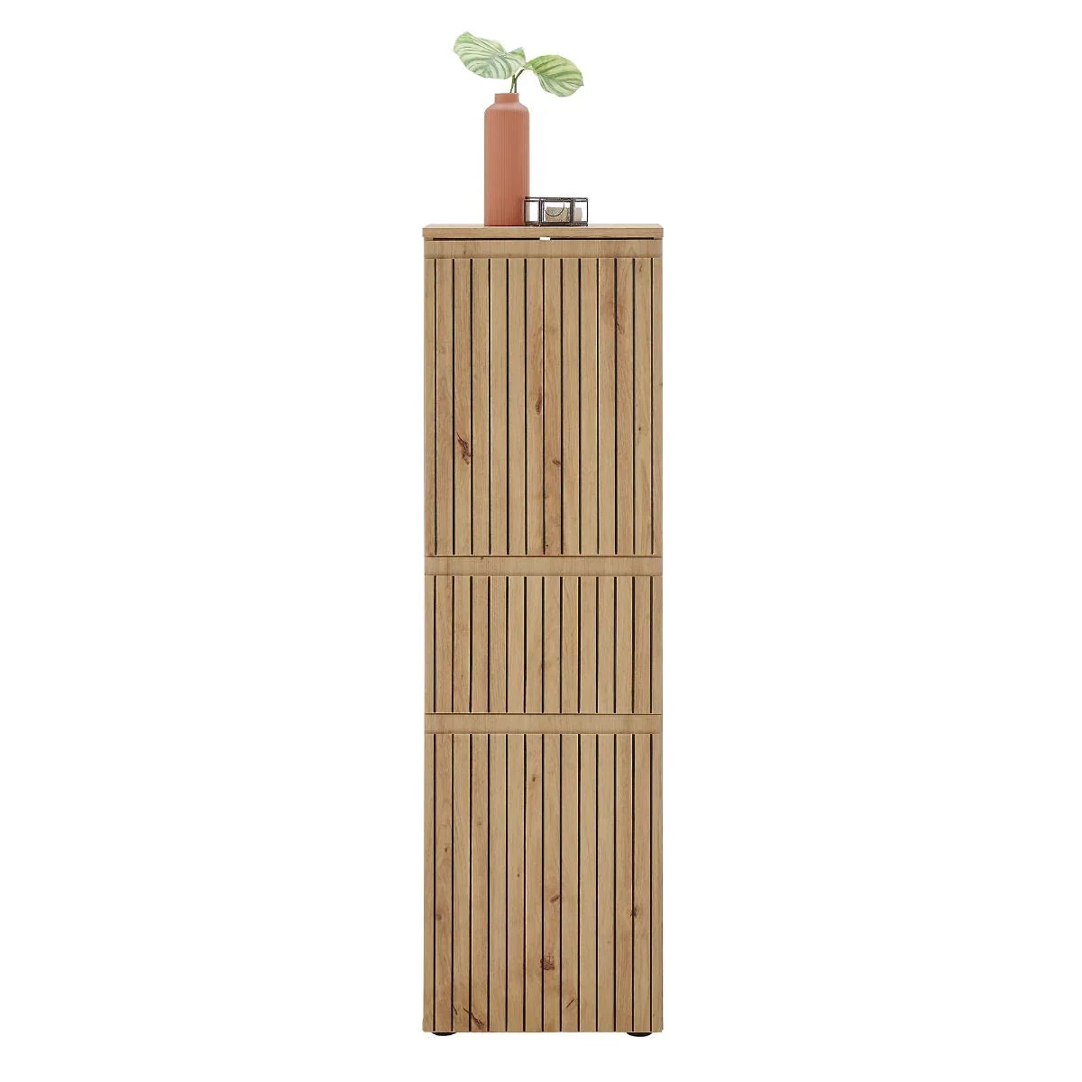 Tall wooden highboard cabinet with slatted doors, decorative vase and clock on top
