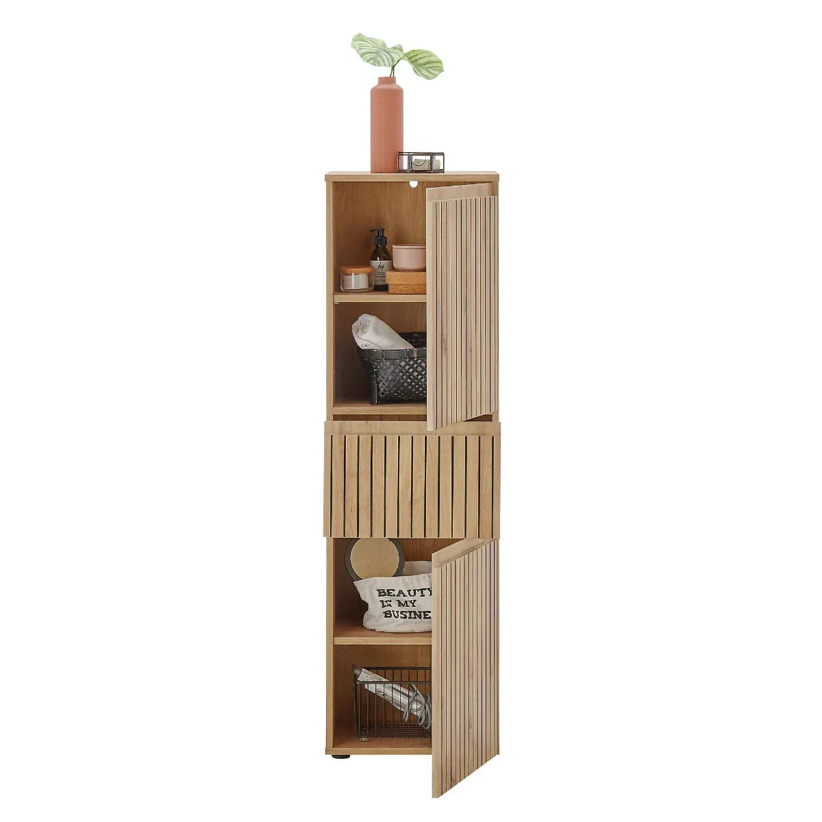 Tall wooden highboard cabinet with open slatted doors, shelves, and decorative items