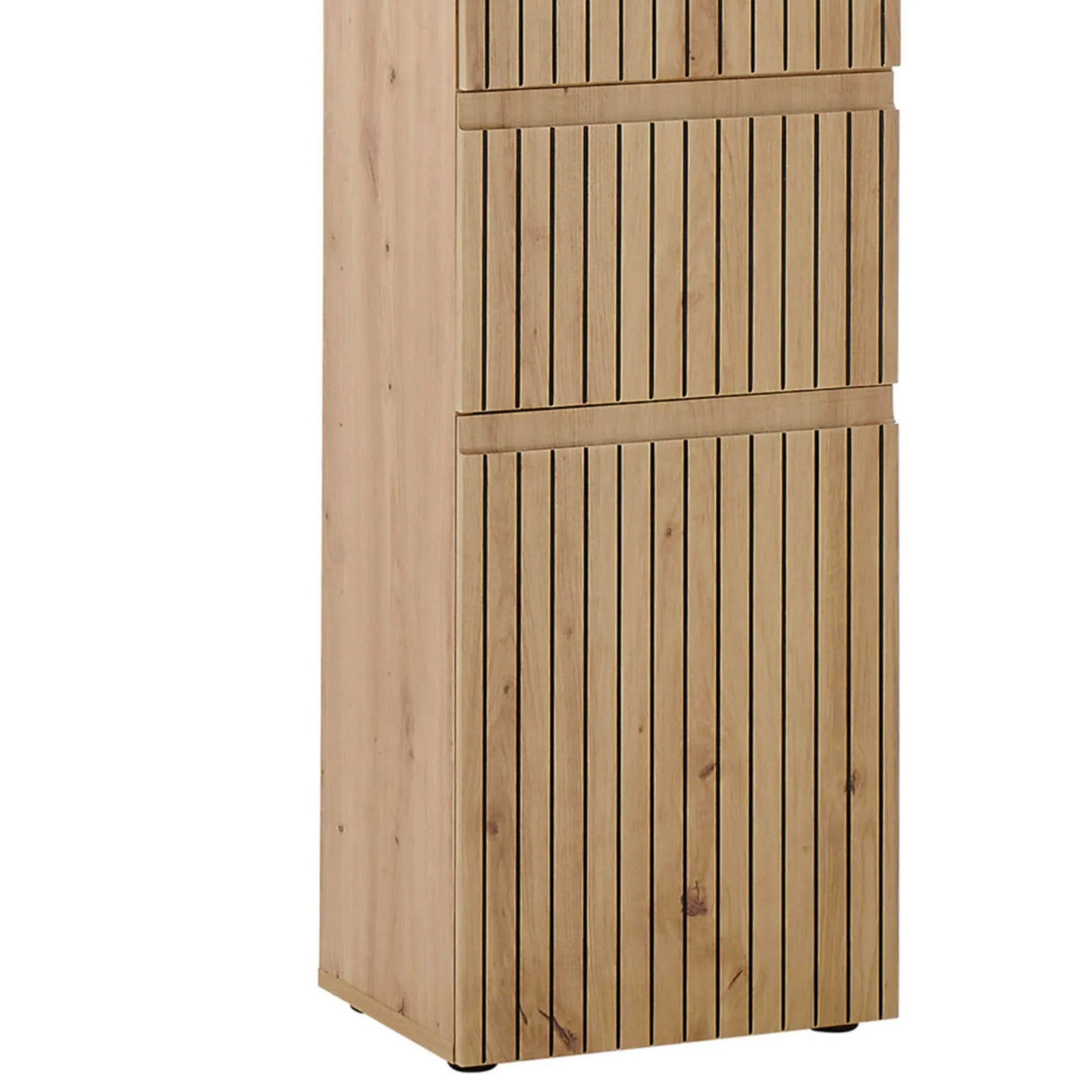 Tall oak effect storage cabinet with vertical slatted doors, shown from a side angle