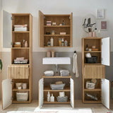 Oak bathroom storage cabinets with open doors and shelves beside white sink