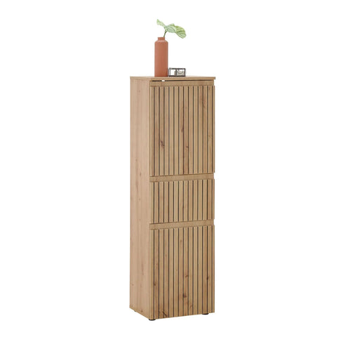 Tall wooden storage cabinet with slatted doors and vase on top