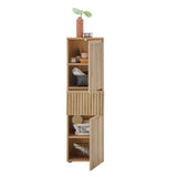 Tall wooden storage cabinet with slatted doors, shelves holding baskets and decor items