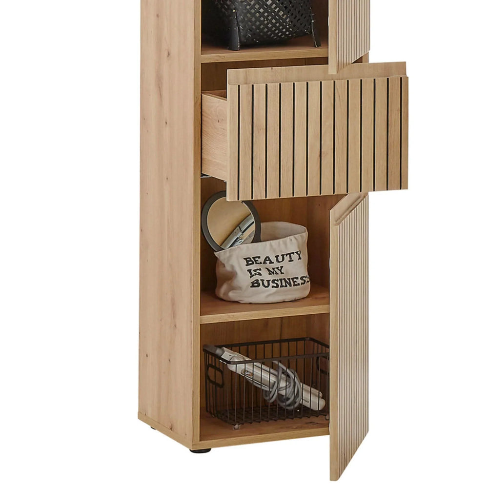 Oak tall bathroom storage unit with open shelves, drawer and basket compartments
