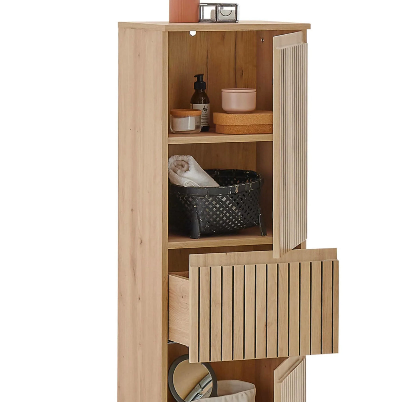 Tall oak shelving unit with vertical slat doors, open shelves and visible bathroom storage