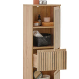 Tall oak shelving unit with vertical slat doors, open shelves and visible bathroom storage