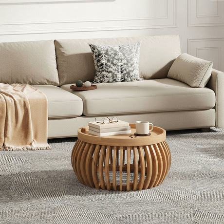 Austin Solid Wood Low Coffee Table in honey finish with fluted base