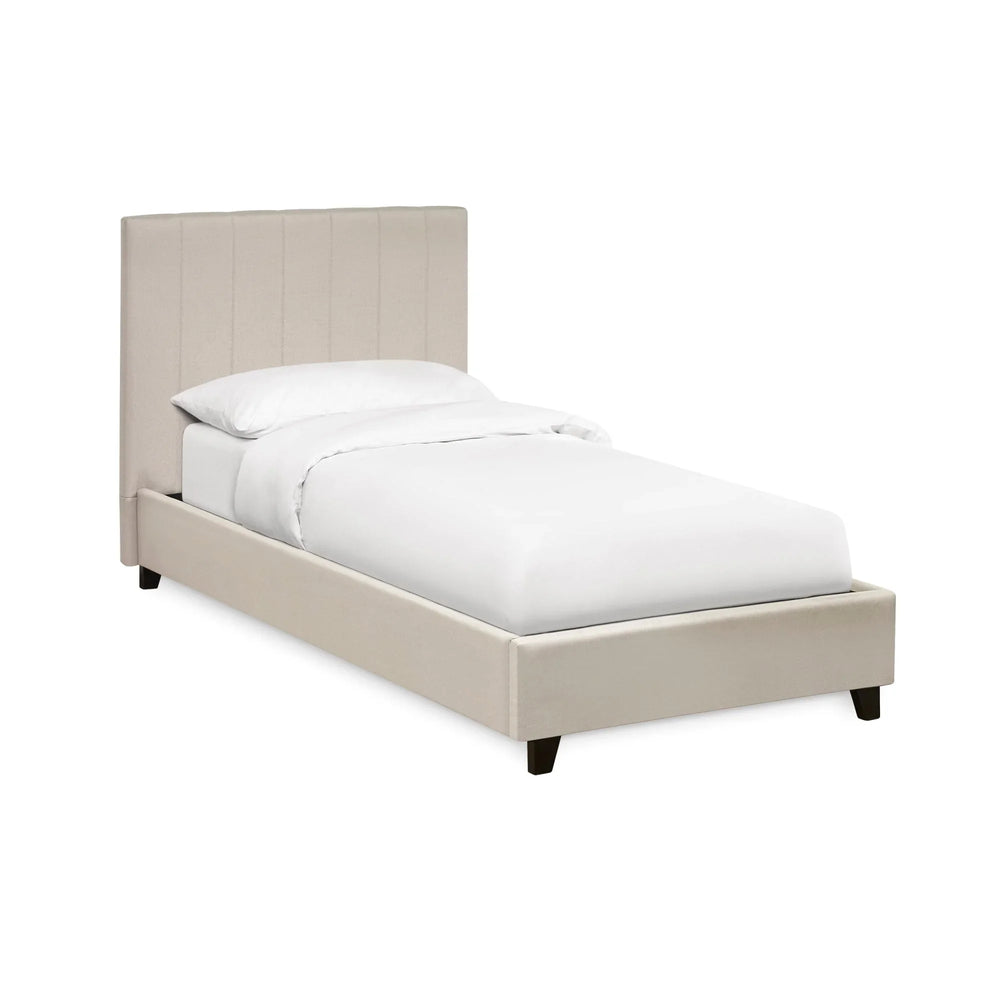 Single cream upholstered bed frame with vertical stitched headboard and low foot end