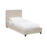 Single cream upholstered bed frame with vertical stitched headboard and low foot end