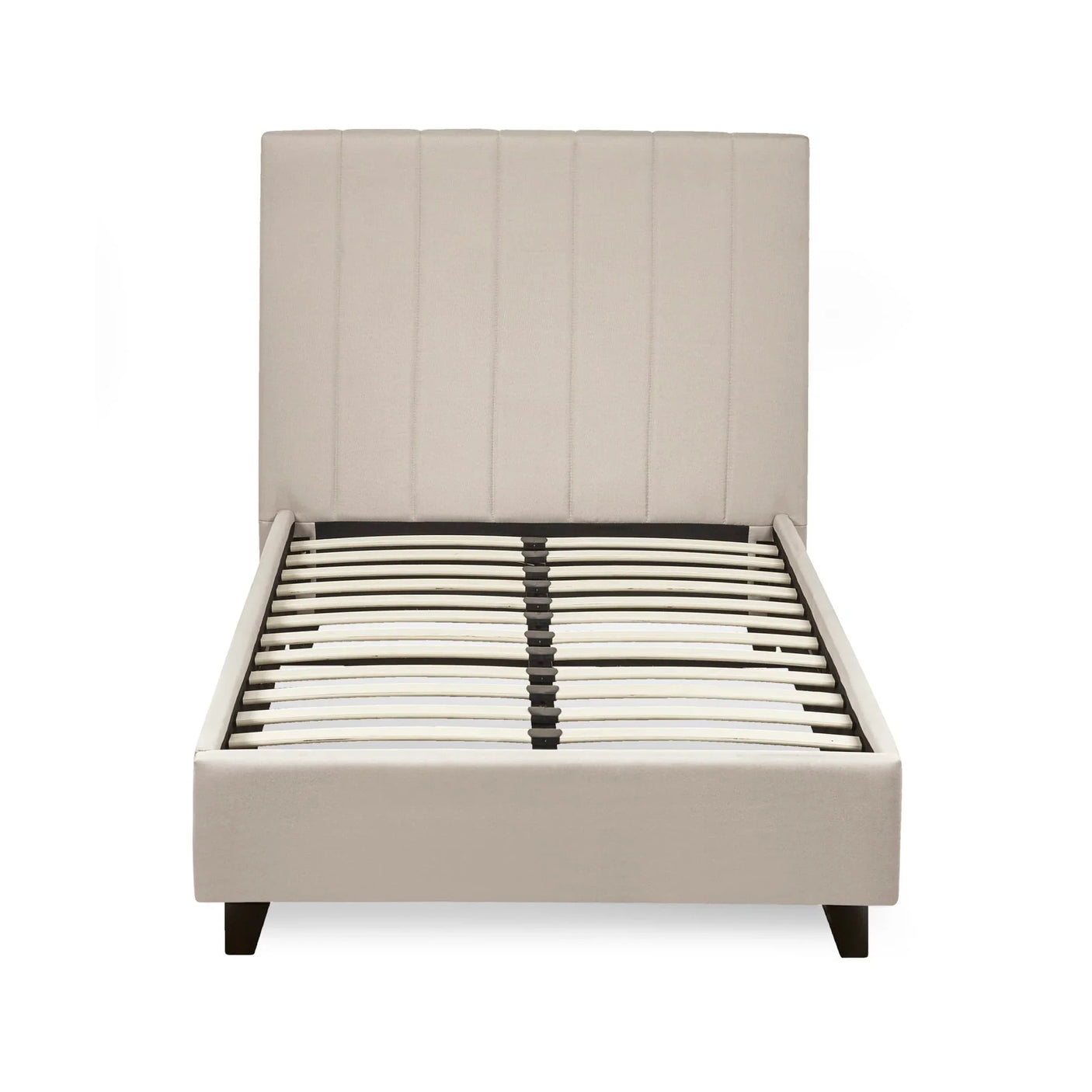 Beige upholstered bed frame with slatted base and vertical panel headboard, front view