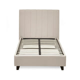 Beige upholstered bed frame with slatted base and vertical panel headboard, front view