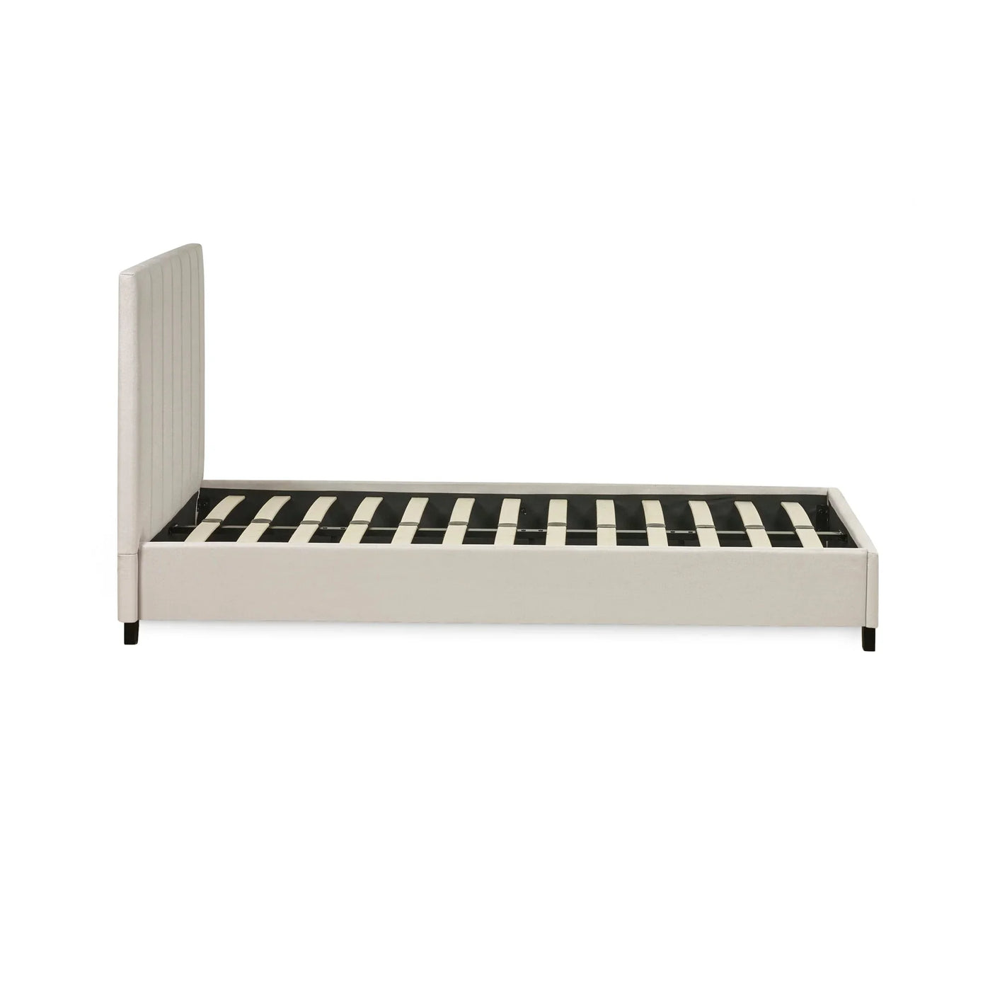 Beige upholstered single bed frame with vertical panel headboard and wooden slats side view