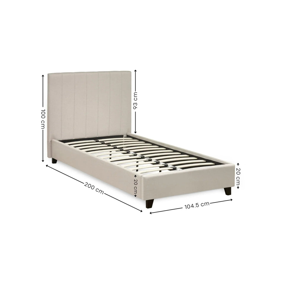 Beige upholstered bed frame with headboard, slatted base and dimensions marked in centimeters