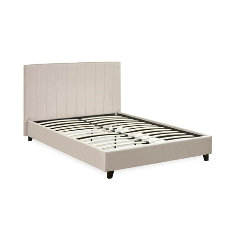Beige upholstered bed frame with slatted base and vertical panel headboard