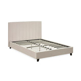 Beige upholstered bed frame with slatted base and vertical panel headboard