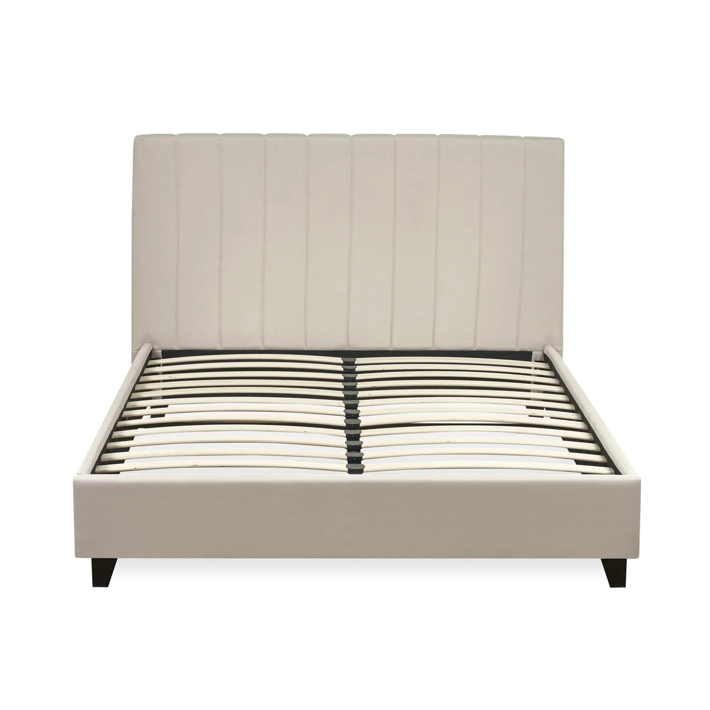 Beige upholstered bed frame with vertical stitched headboard and wooden slats, front view