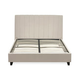 Beige upholstered bed frame with vertical stitched headboard and wooden slats, front view