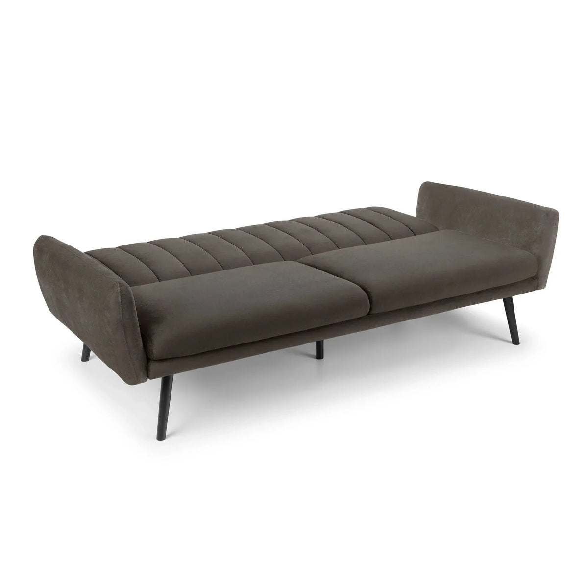 Grey sofabed fully extended with low arms and black angled legs on white background