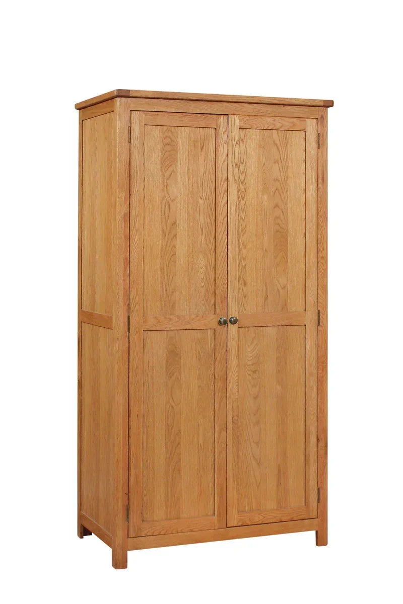 Oak double door wardrobe with panel detail and metal handles, front and side view