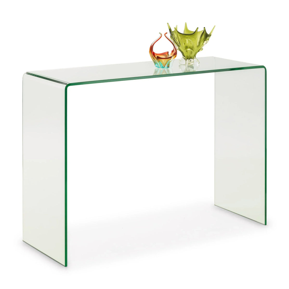 Glass console table with curved edges and two glass vases on top against white background
