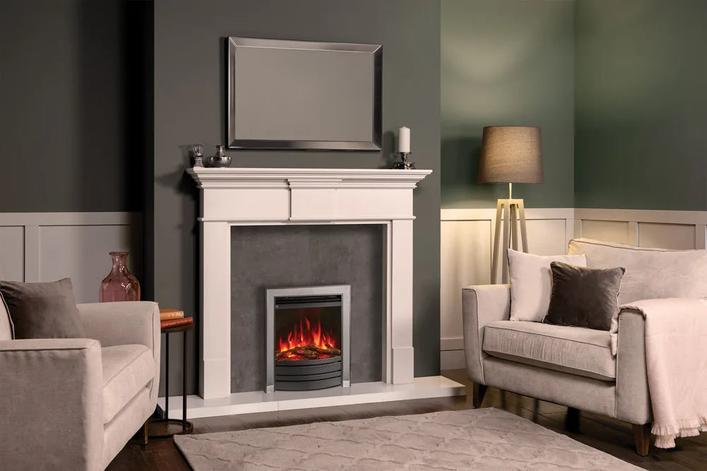 Amara electric fire set in a stylish living room with a modern fireplace and comfortable seating.