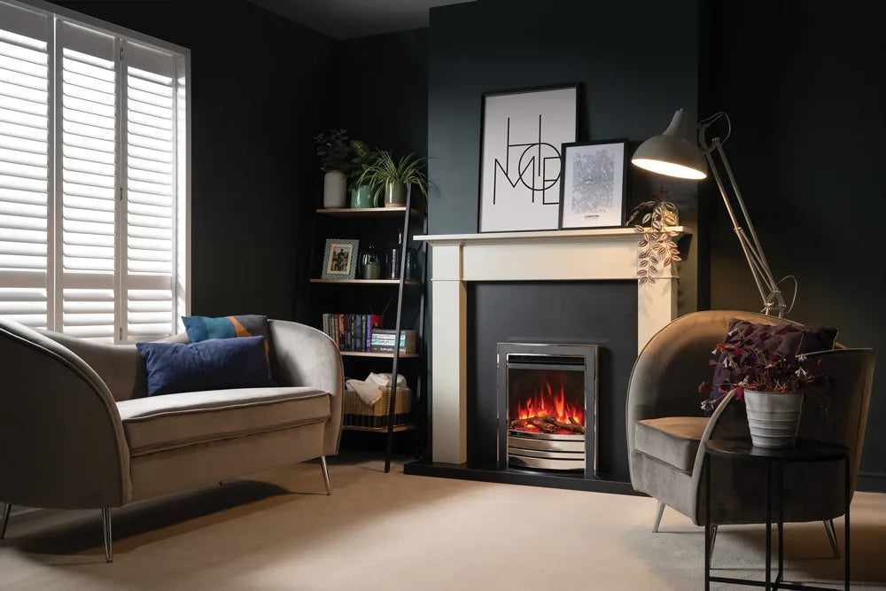 Amara electric fire installed in a stylish living room with modern decor and ambient lighting.