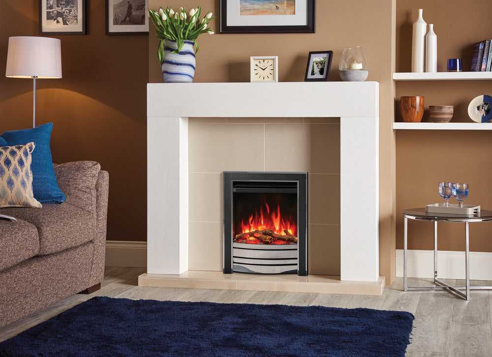Amara electric fire with a modern design, set in a stylish living room with a cream fireplace and decorative accessories.