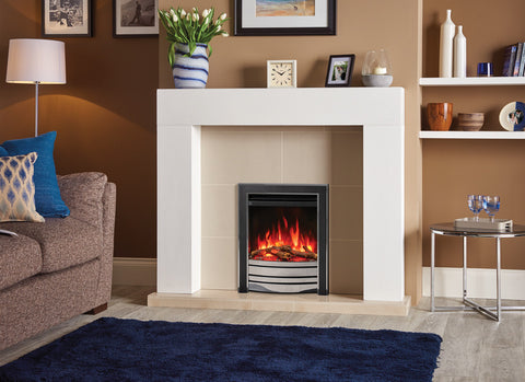 Amara electric fire with a modern design, set in a stylish living room with a cream fireplace and decorative accessories.