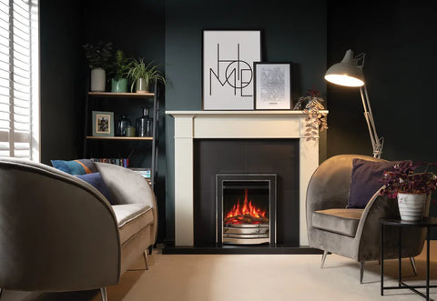 Amara electric fire installed in a modern living room with stylish furniture and decor.